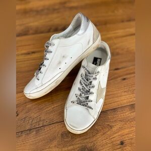Women’s Golden Goose Super-Star with silver heel and metal stud lettering size40